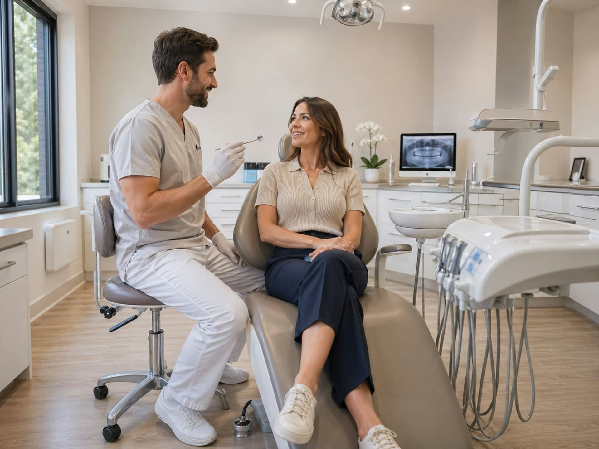 Dentista conversando com uma paciente sorridente em um consultório moderno