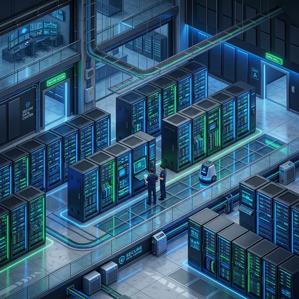 Ilustração moderna de um Data Center de alta segurança